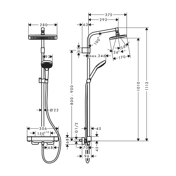 TERMOSTATSKI TUŠ SET CROMA E 280 1JET VARIA, 27696000, HANSGROHE - slika 2